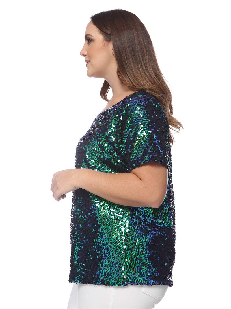 Anna-Kaci Women's Plus Size Sequin Sexy One Shoulder Short Sleeve Party Club Top, Mermaid, 2X-Large - Image 3
